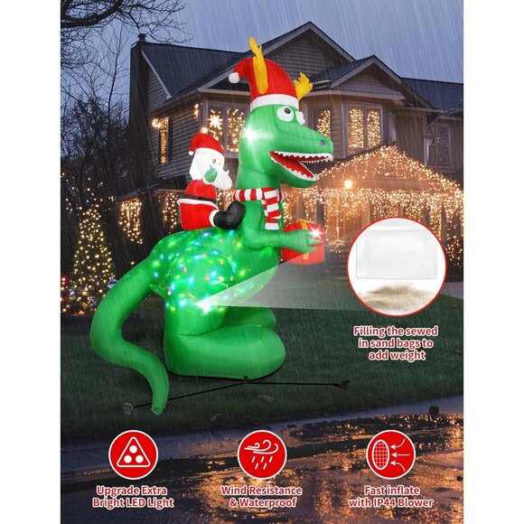 🆕8ft Christmas Inflatable Santa Riding Dinosaur Holding Gift Outdoor Decoration - Picture 7 of 9